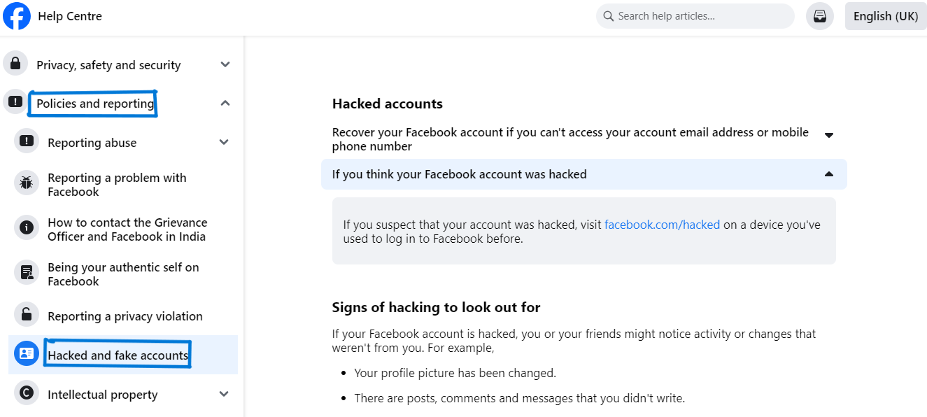 How do I contact Facebook support about being hacked?