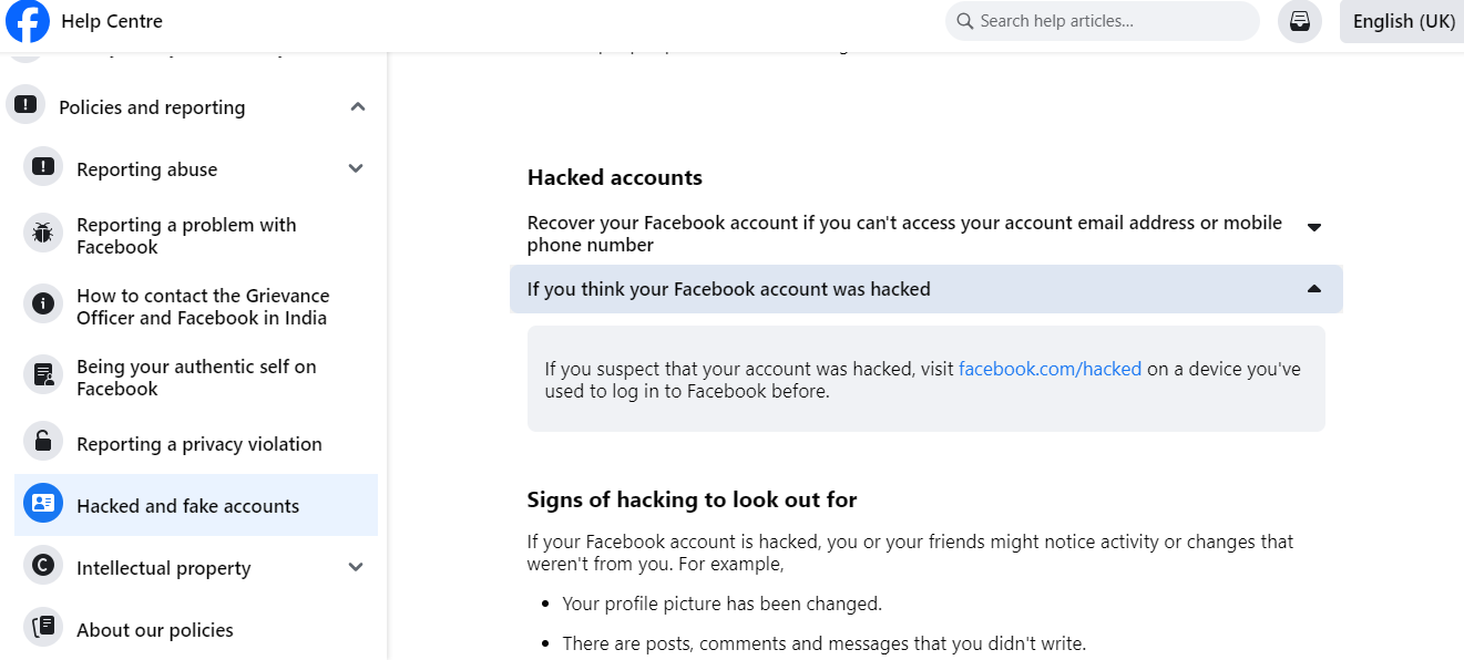 How do I contact Facebook support about being hacked?